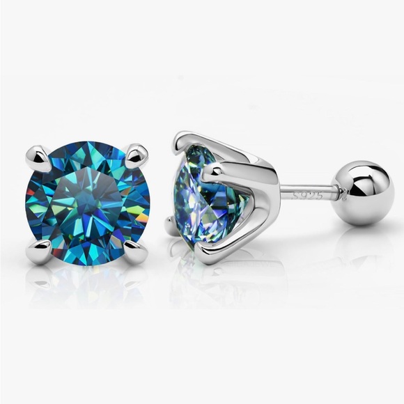 Genuine ~ Certified 2 Carat Bright Blue Diamond 18k White Gold Stud Earrings - Picture 11 of 16
